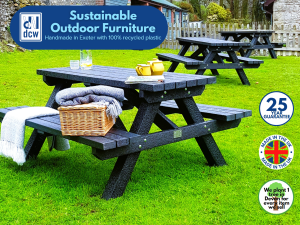 A DCW Polymers picnic bench with a picnic hamper, blankets and glasses on. More benches are in the background and the logo is on the image.