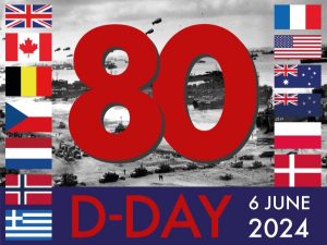 A logo for D-Day 80, with allied flags surrounding an image of the landings and with a red 80 over the top.